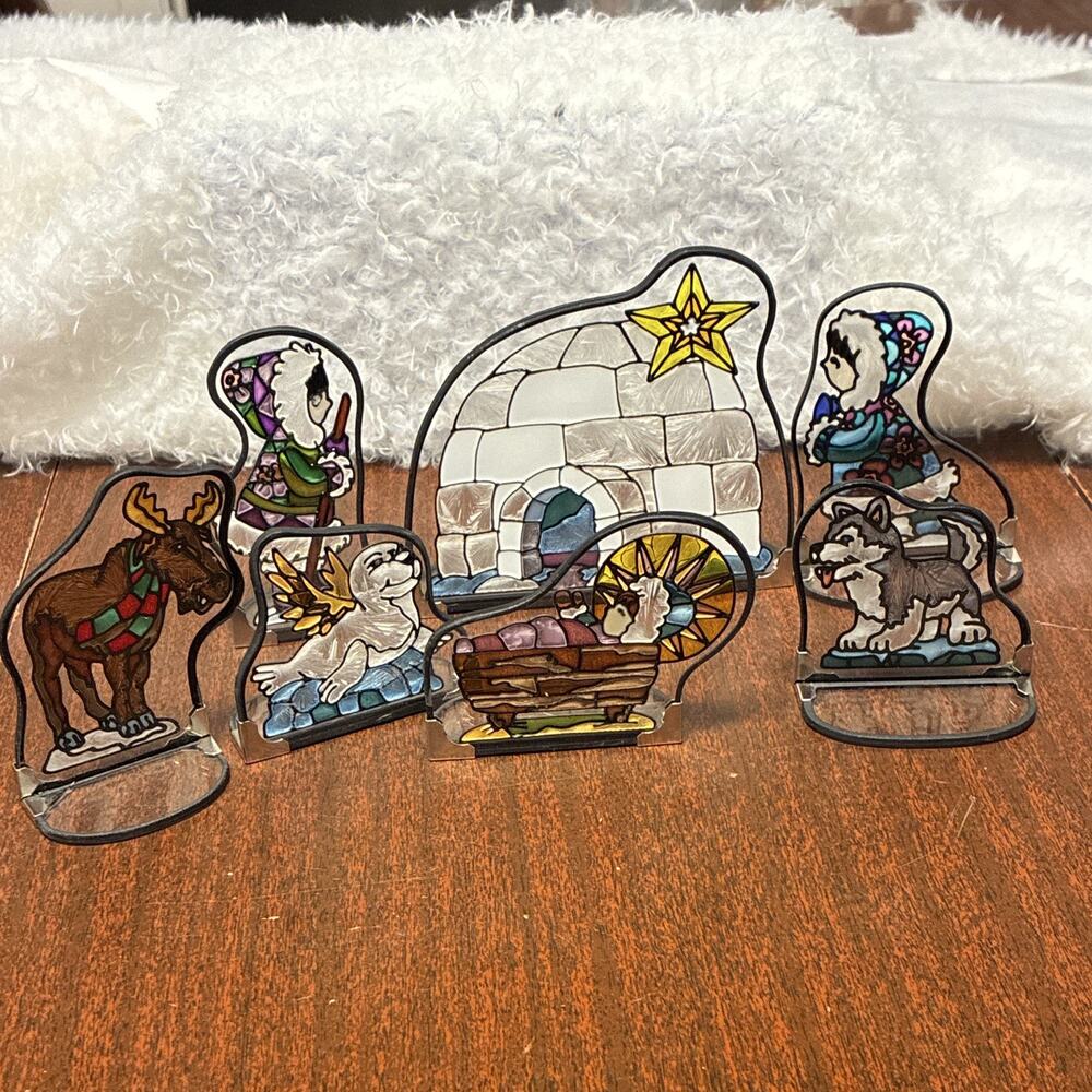 Arctic-Alaskan 7-pc Nativity set stained glass Igloo Moose Seal Husky Manger